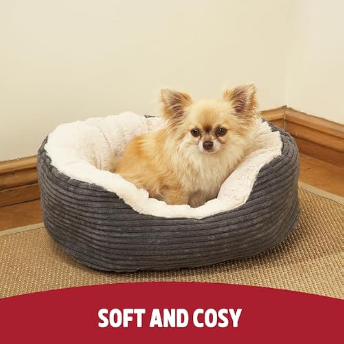 Rosewood Large Dog Bed, Machine Washable, Super Soft and Cosy Plush Dog Bed, Grey and Cream, 81 x 63 x 18 cm (Approximately 32 x 25 x 7 inch), Large