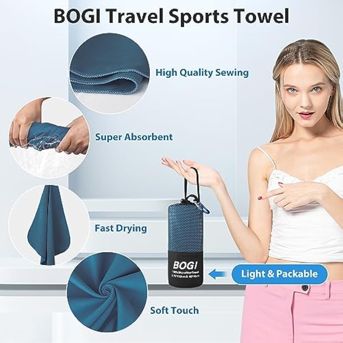 BOGI Microfibre Travel Towel, Quick Dry & Super Absorbent, Soft Lightweight Gym Towel for Beach Sports, Swimming, Yoga, Camping & Hiking