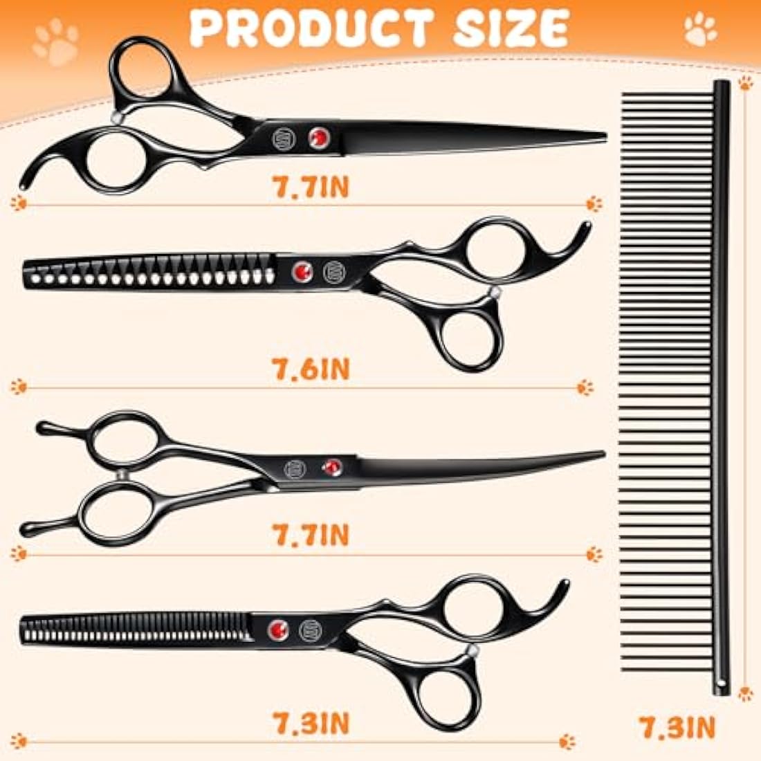 Moontay Dog Grooming Scissors Set Professional, 7 Inch Pet Grooming Scissors, 8 in 1 Straight, Curved, Thinning, Fishbone Scissors with Comb, Tension Adjuster, Cleaning Cloth and Storage Case, Black