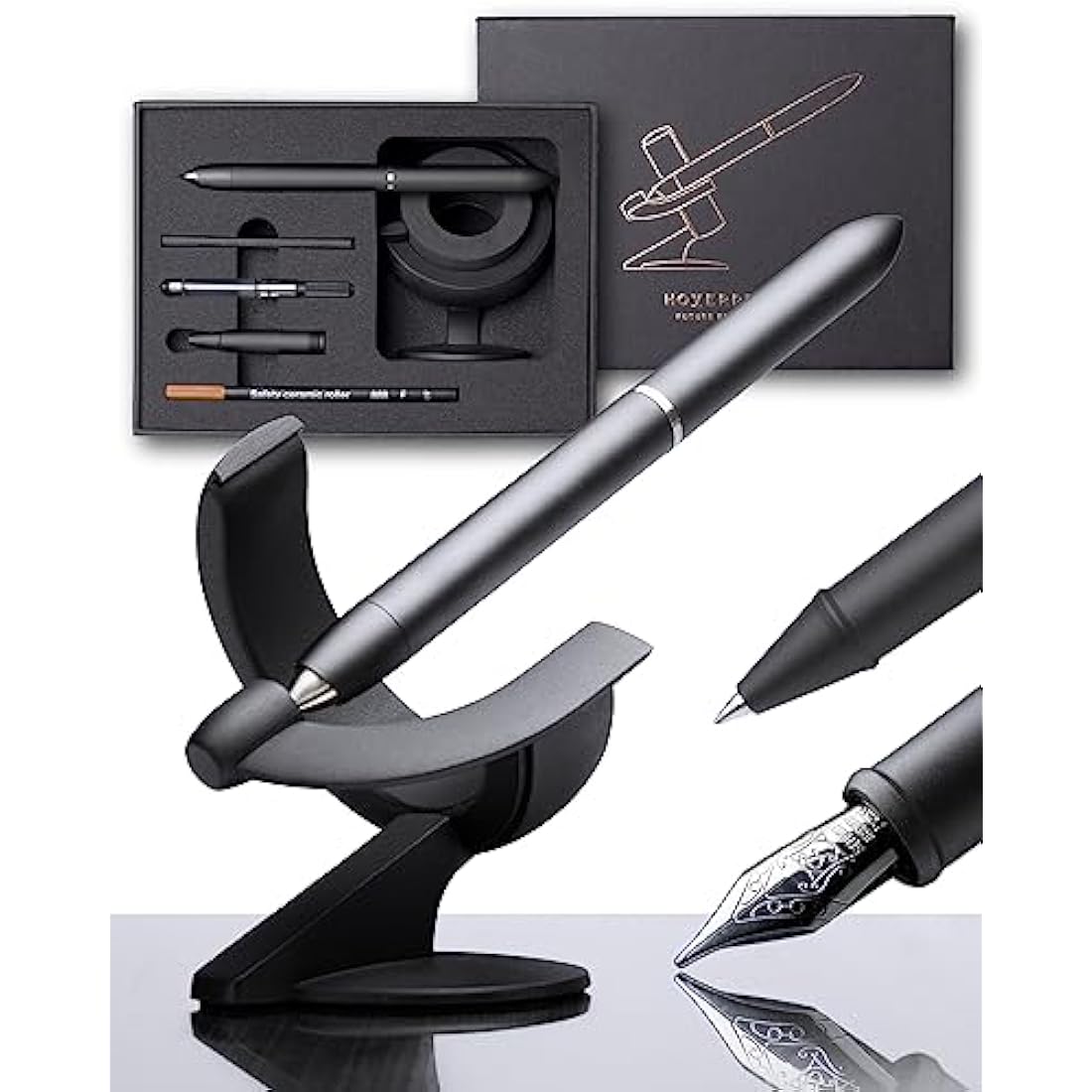 novium Hoverpen Future Edition - Luxury Fountain Pen & Rollerball Pen All-In Gift Box, Fine Nib, Futuristic Aesthetic, Aerospace Metal Made, Free Spinning Pen, Christmas Gifts for Men (Deep Black)