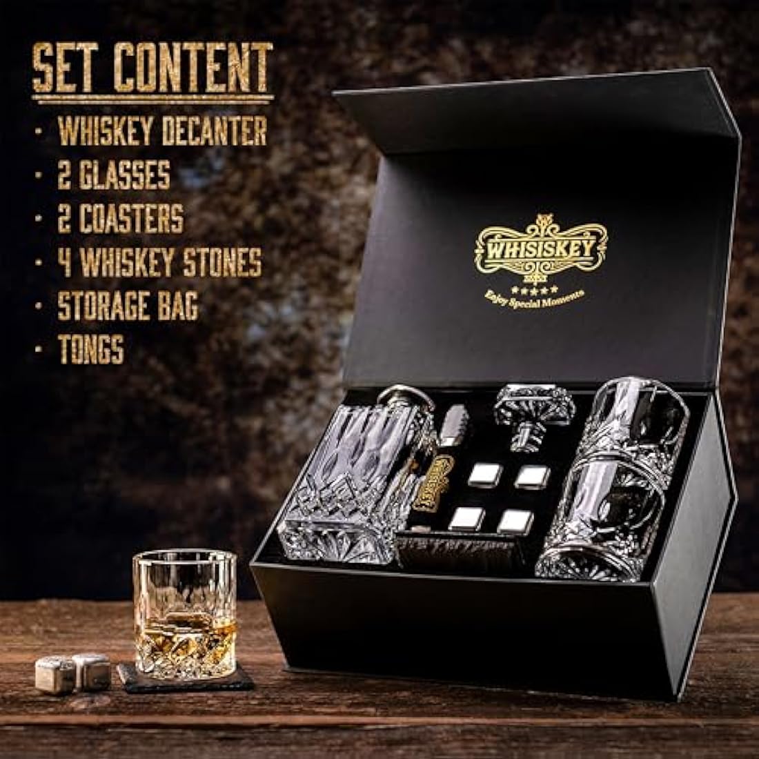 WHISISKEY - Whiskey Decanter Set - 700ML Classic Carafe - Whiskey Gift Sets for Men - Whisky Set - Glass Gifts for Men - Inc. 2 Whiskey Glasses, 4 Whiskey Stones, Accessories