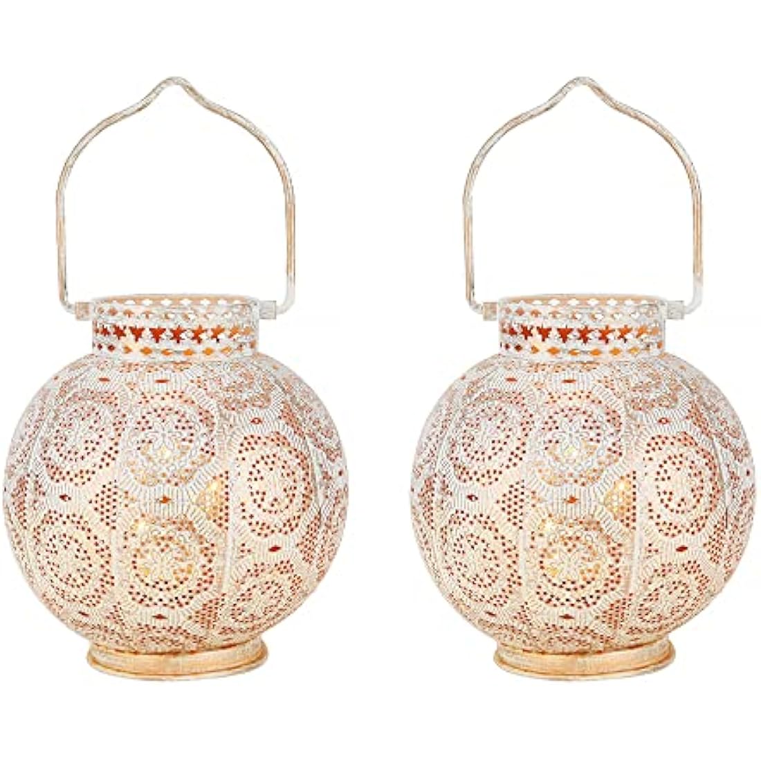 TRIROCKS Set of 2 Moroccan Style Metal Table Lamp 18cm H Battery Powered Cordless Lanterns with LED Fairy Lights Bulb Perfect for Home Living Room Parties Tabletop Indoors (White)