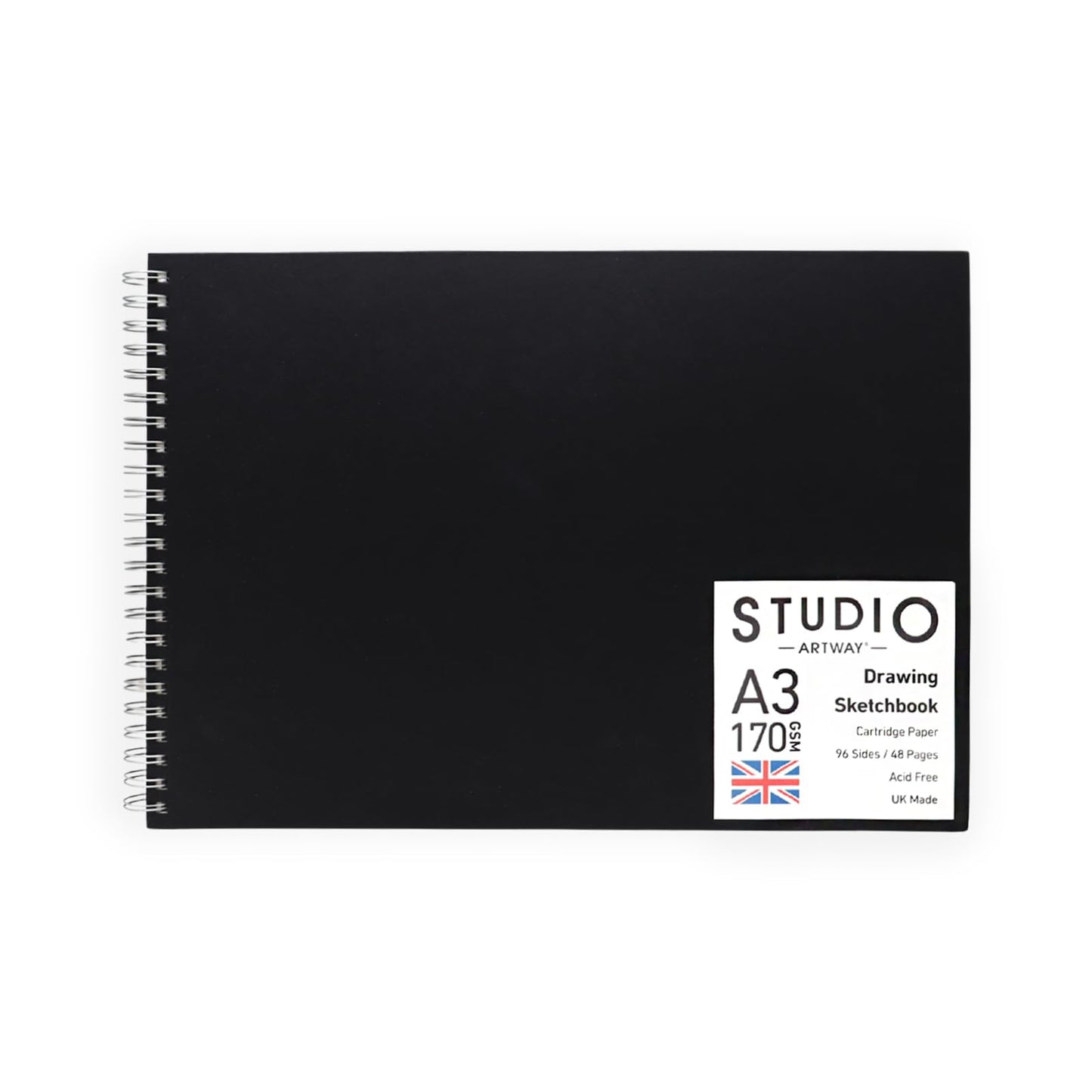 Artway Studio ? Spiral Bound A3 Sketchbook ? Landscape - 96 Sides/48 Pages of 170gsm Cartridge Paper ? Black Hardback Sketchbook