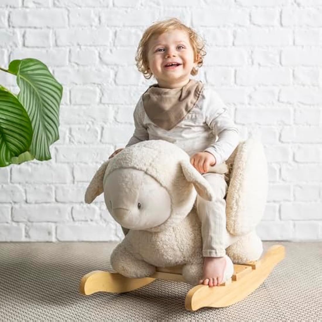 Nattou Wooden Rocker, Fully Padded Seat, Side Supports, Safety Belt, Handles For Small Hands, PETA-Approved Vegan, Soap-Water Cleaning, Super Soft Teddy Fabric Material, 10-36 Months, Ecru Sheep