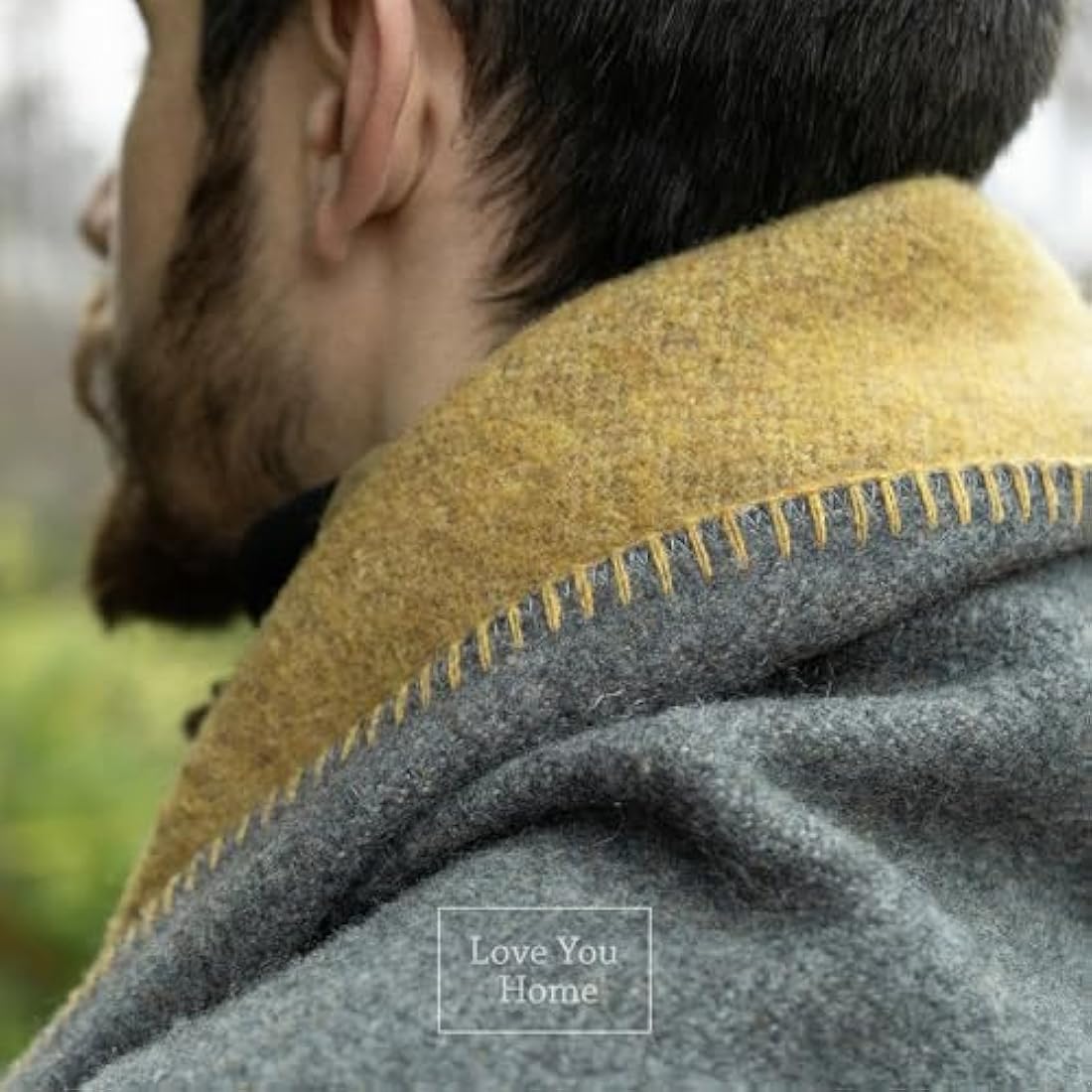 LYHome Travel Blanket - Extra Warm Picnic Throw, Bed Camping Outdoor Wool Blankets, Cozy Soft Throws, Military Army and Garden Outside Use (51x67 in | 130x170 cm | Mustard - Gray Double-sided)