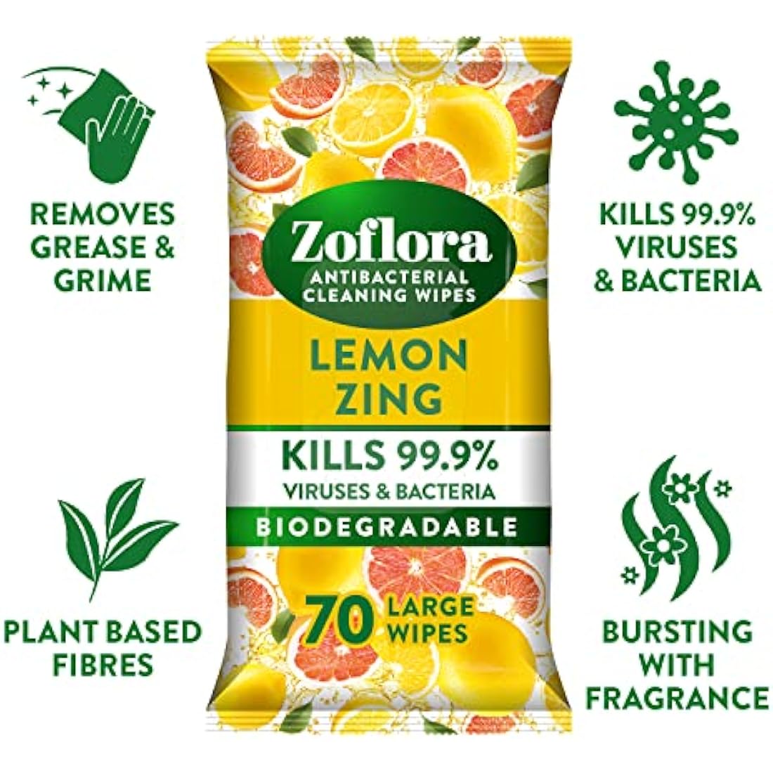 Zoflora Lemon Zing Large Biodegradeable Wipes, Antibacterial Cleaning, 6 x 70 Wipes Pack, Multi-Surface Disinfectant, Removes Odours & Kills 99.9% of Bacteria & Viruses
