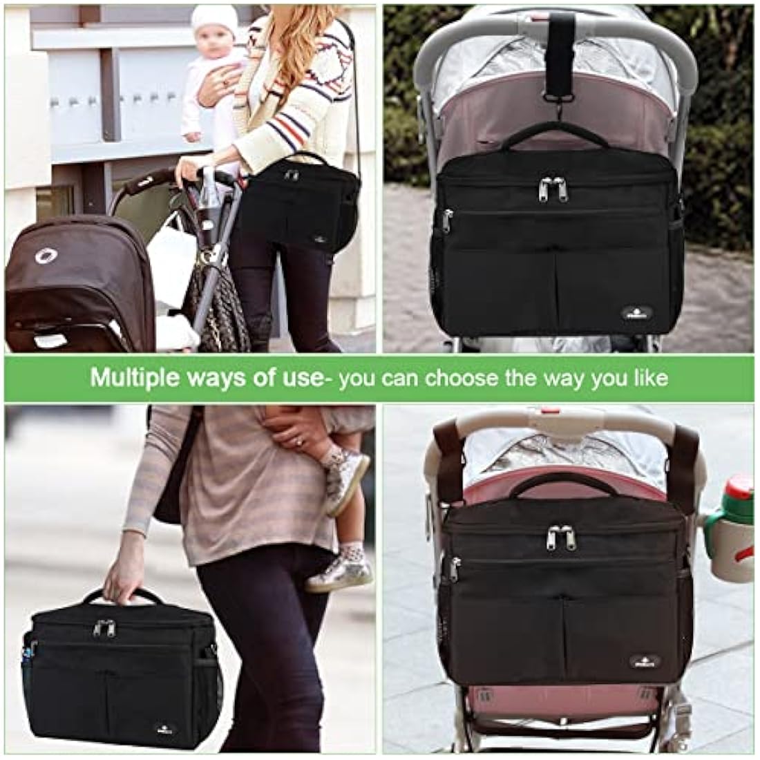 PHILORN Pram Bag, Pushchair Organiser Bag with Insulated Cup Holders, Buggy Organiser with Large Capacity for Baby Essentials Fits for Universal Strollers Like Doona, Ickle Bubba, Adjustable Strap