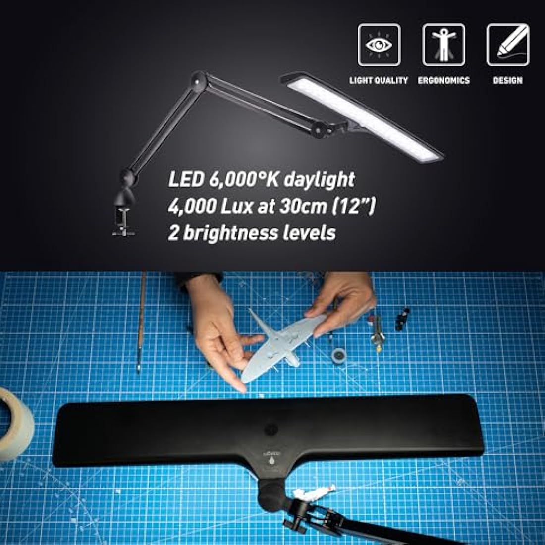Daylight Lumi Task Lamp - Adjustable LED Desk Lamp with 3800 Lux Brightness, 6000K Daylight, and 95+ CRI for Accurate Color Rendering - Black