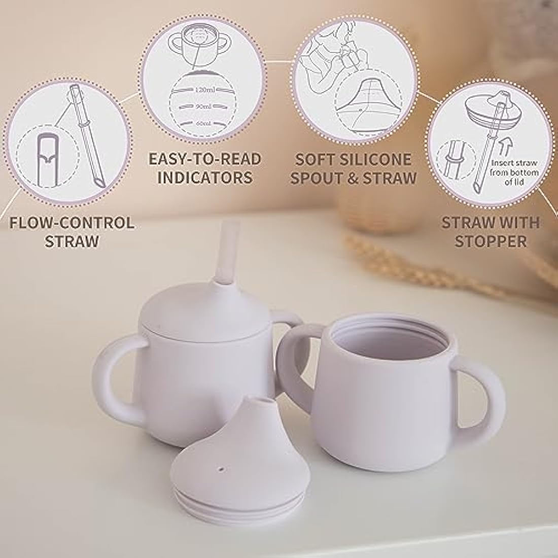Moonkie Silicone Baby Sippy Cup 6+ Months with 2 Straws (Free Flow & Leak-Proof Valve) | 3 Stage Transition | Baby Water Bottle | BPA Free & Dishwasher Safe | 120ml(Mauve)