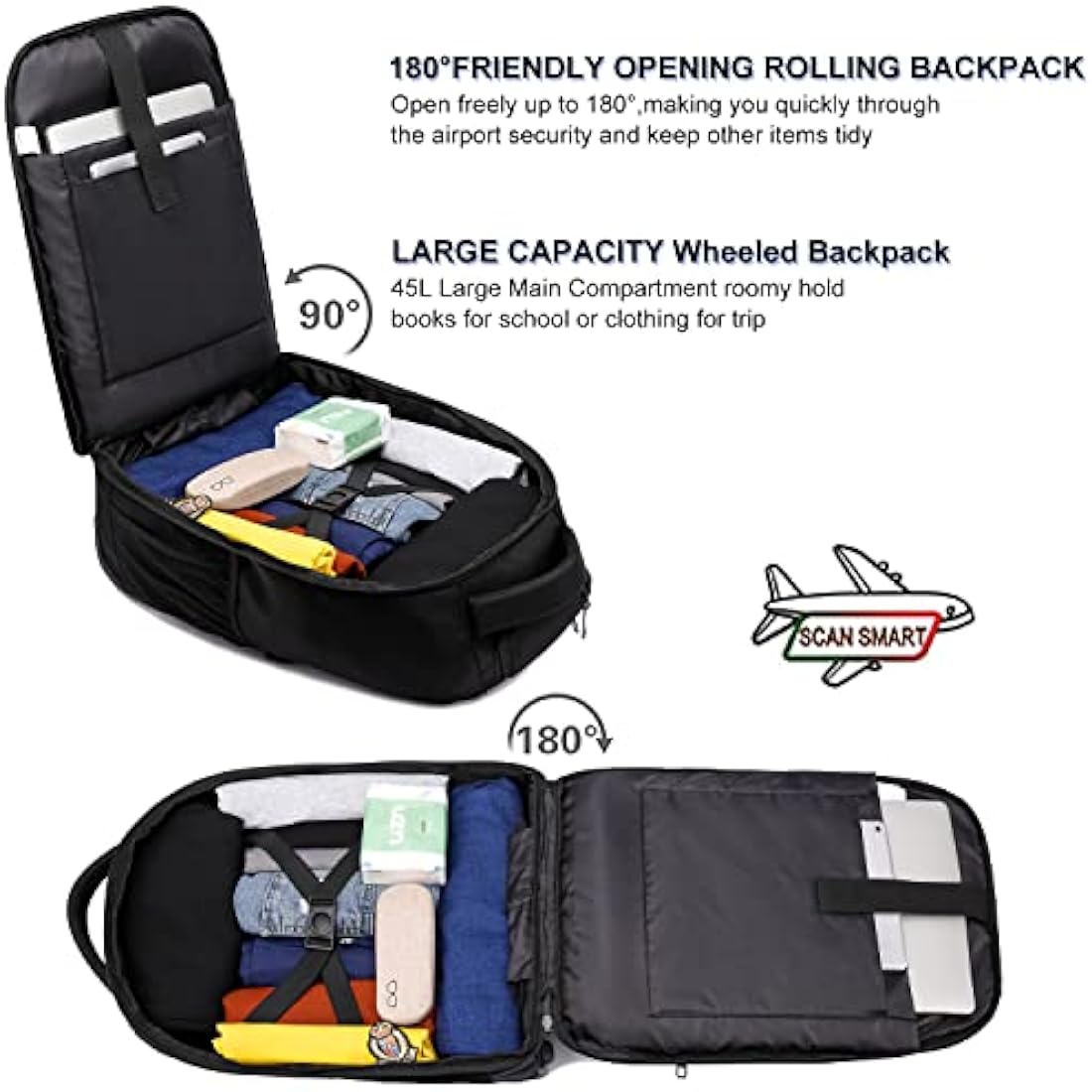 LIGSAN Travel Backpack with Wheels, 17inch Wheeled for Men Women Rolling Laptop Bags on Wheels Waterproof Rucksack Cabin Bag Trolley Suitcase Business College School Bag, Black