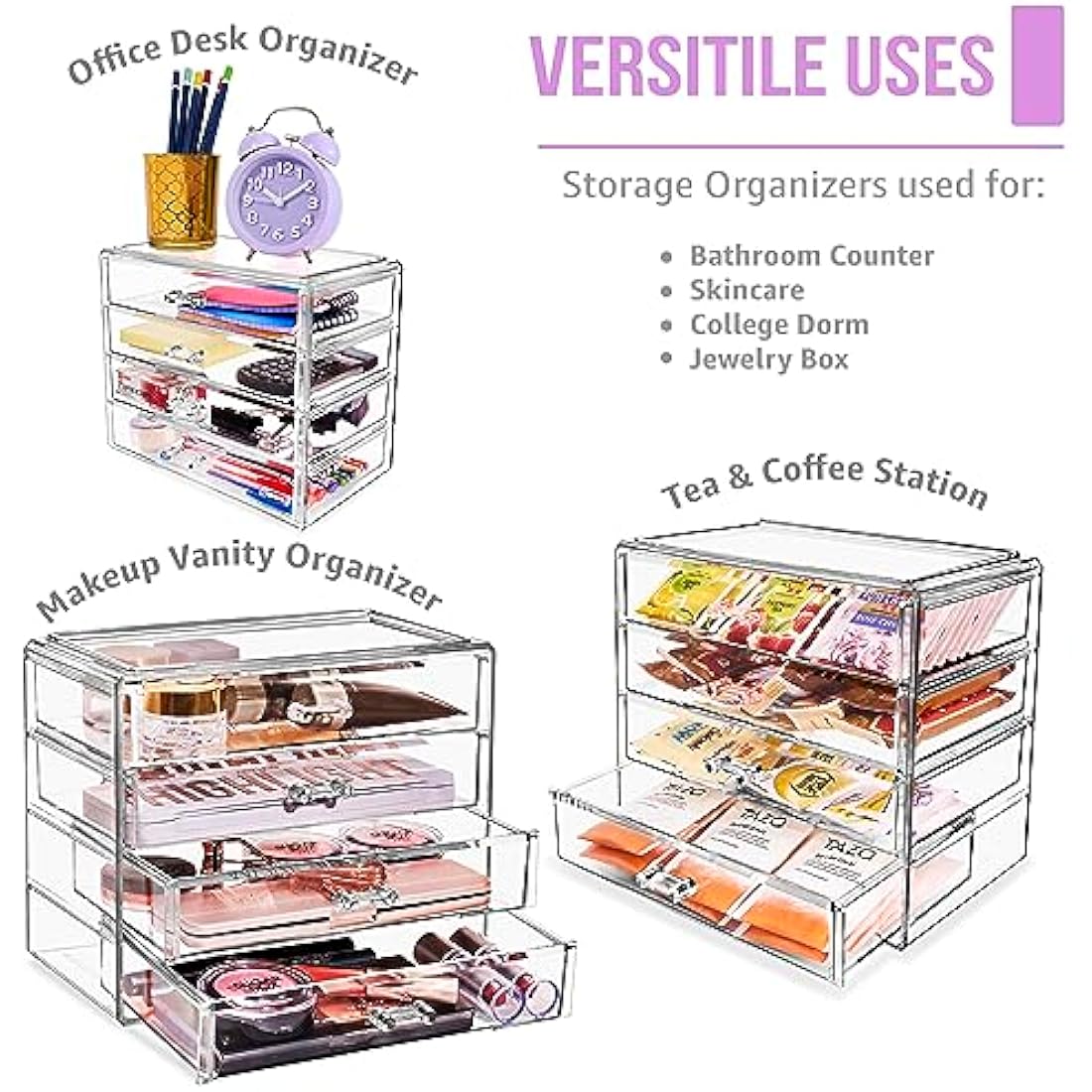 Sorbus Makeup Organizer - 4 Drawer Acrylic Make Up Organizers and Storage for Cosmetics, Jewelry, Beauty Supplies, Clear Makeup Organizer for Vanity, Girl's Room, College Dorm, Counter, Bathroom Sink