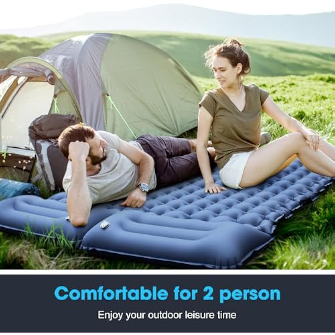 Camping Mat, 12cm Thickened Outdoor Mattress, Camping Mattress with Integrated Air Pump, Ultra Light and Waterproof Outdoor Sleeping Mat for Camping, Hiking, Backpacking, Cycling Trips (blue gray)