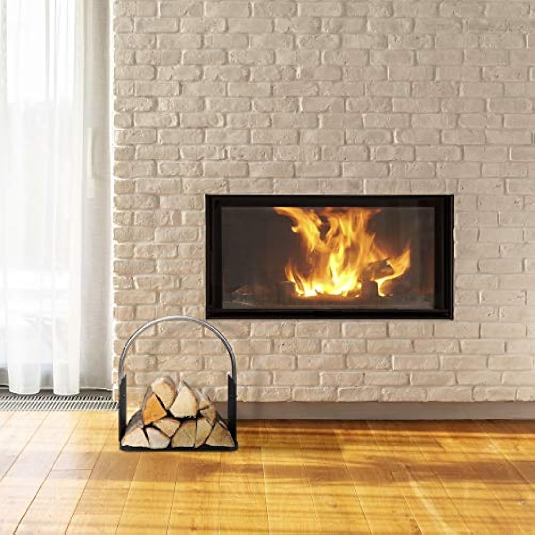 Relaxdays Firewood Basket, Metal, Nickel-Plated Handle, for Indoors, Wood Carrier, HxWxD: 43.5 x 40.5 x 30 cm, Black