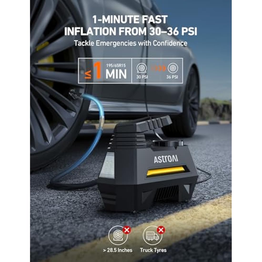 AstroAI Tyre Inflator Air Compressor 12V DC, 35LPM 100W Powerful Portable Car Tyre Pump Auto-Stop with Digital Pressure Gauge, 4 Valve Adaptors and LED Light, Car Accessories