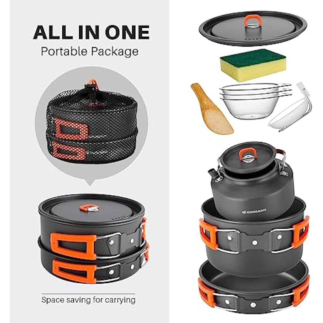 Odoland Camping Cookware Set, Cooking Utensils with Camping Pot, Camping Frying Pan and Teapots for Outdoor Cooking Hiking Travelling for 2-3 People
