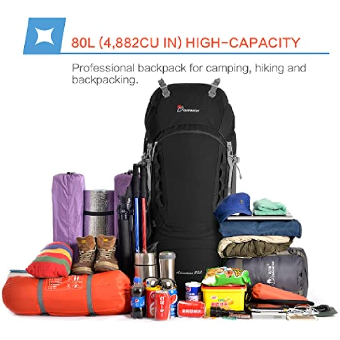 MOUNTAINTOP Hiking Backpack 80L Waterproof Mountaineering Backpack Large Camping Trekking Rucksack Multifunctional Climbing with Rain Cover