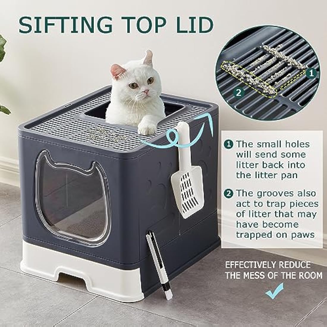 Pawsayes Cat Litter Tray Litter box with Lid for Medium and Small Cats, Foldable Top Entry Kitten Litter Box with Drawer Pan and Scoop