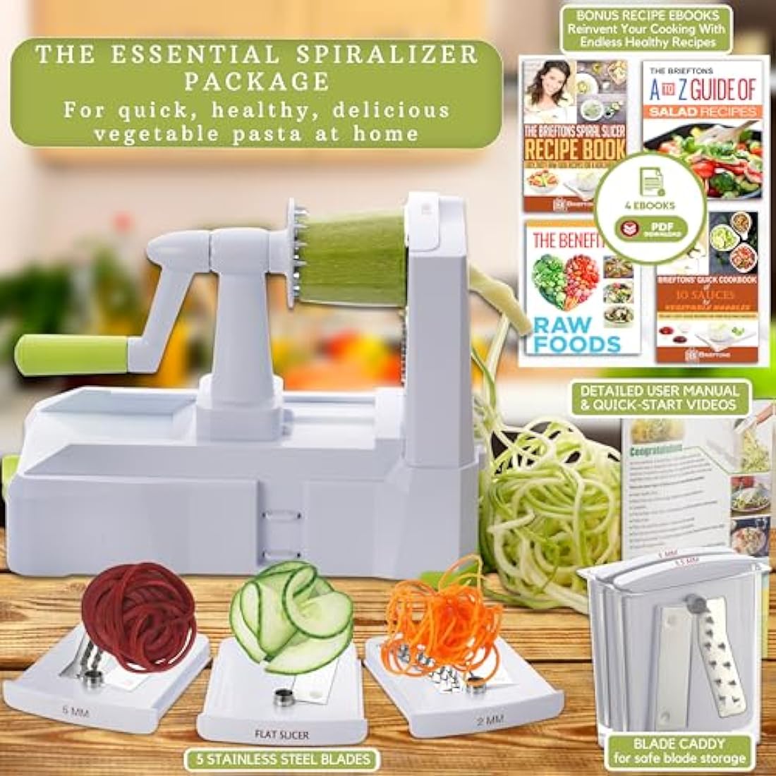 Brieftons 5-Blade Vegetable Spiralizer: Strongest-Heaviest Spiral Slicer, Best Veggie Pasta Spaghetti Maker for Low Carb/Paleo/Gluten-Free/Vegan Meals, with Extra Blade Caddy, 4 Recipe Ebooks