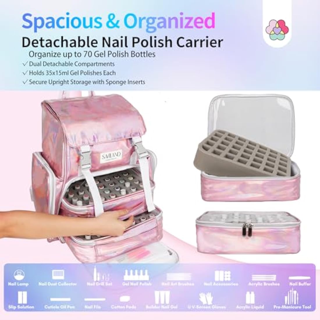 Saviland Nail Polish Organizer Bag: PU Leather Nail Kit Organizer Holds 70 Bottles (15ml-0.5 fl.oz) and Nail Lamp, Portable Nail Polish Storage Carrying Case Nail Organizers and Storage for Nail Tech