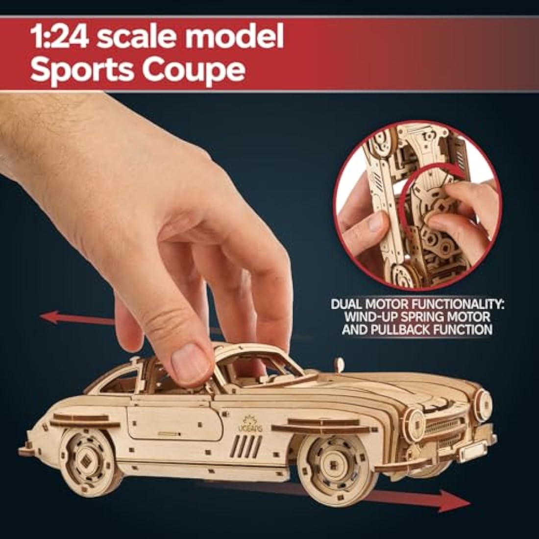 UGEARS Winged Sports Coupe 3D Puzzle- 1:24 Scale 3D Wooden Puzzles for Adults Model Car Kit - Working Gull-Wing Doors Model Kits For Adults to Build - Mechanical Vehicle for Fathers Day - 262 Pcs