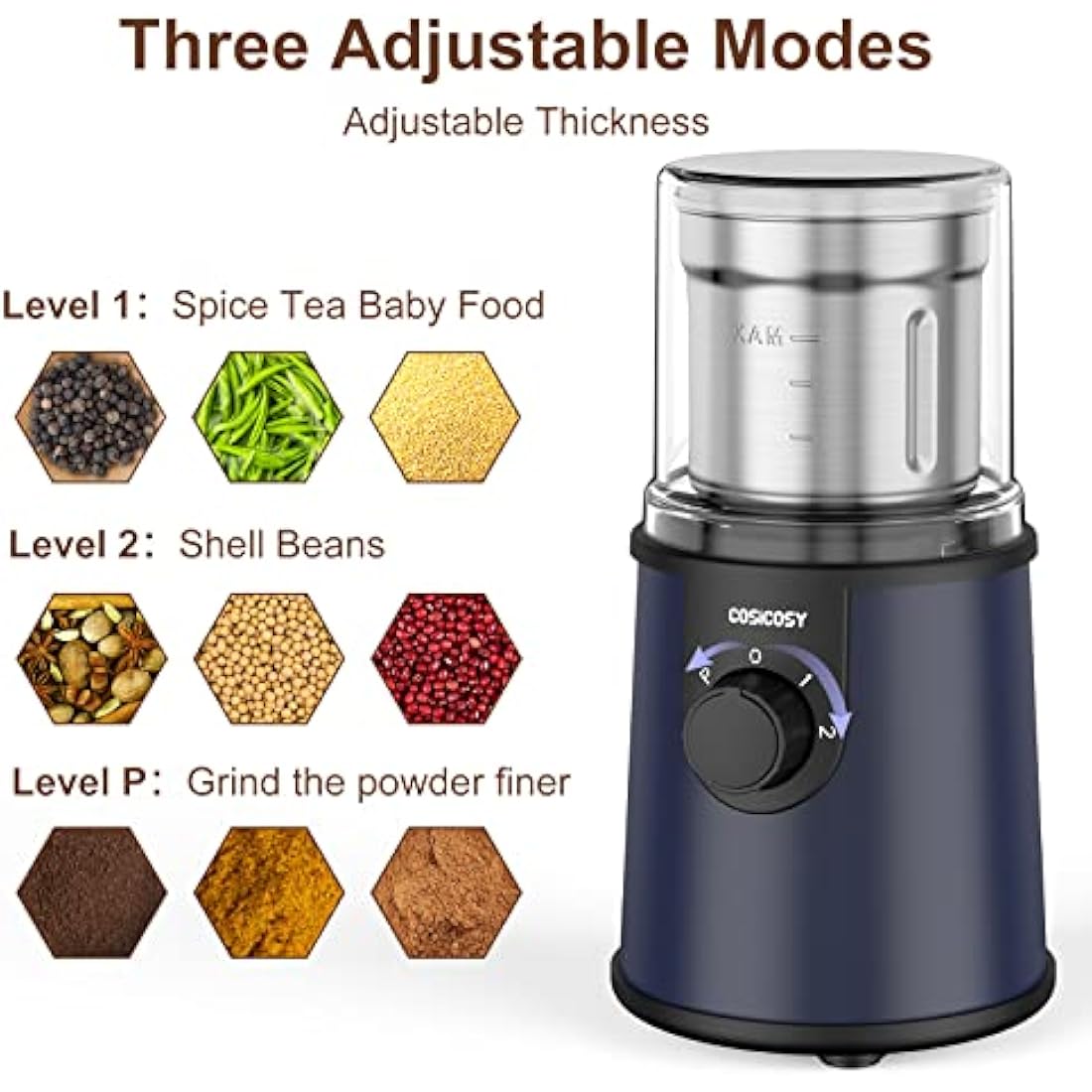 Coffee Grinder Electric, COSICOSY Electric Spice Grinder with 304 Stainless Steel Blades Removable Bowls,350W Motor Coffee Bean Machine with Spoon Brush for Coffee Beans, Nuts, Pepper, Navy Blue