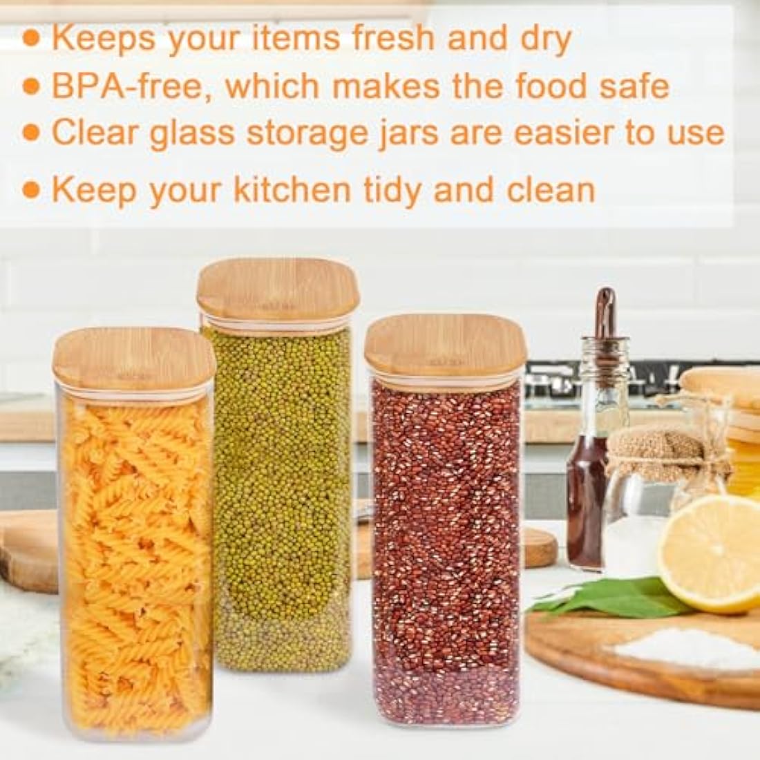 Finew 2100ml Glass Storage Jars with Lids, 3 Pack Airtight Glass Jars & Canisters, Square Spice Jars for Pasta Flour Spices Cookie Sugar Tea Coffee Beans