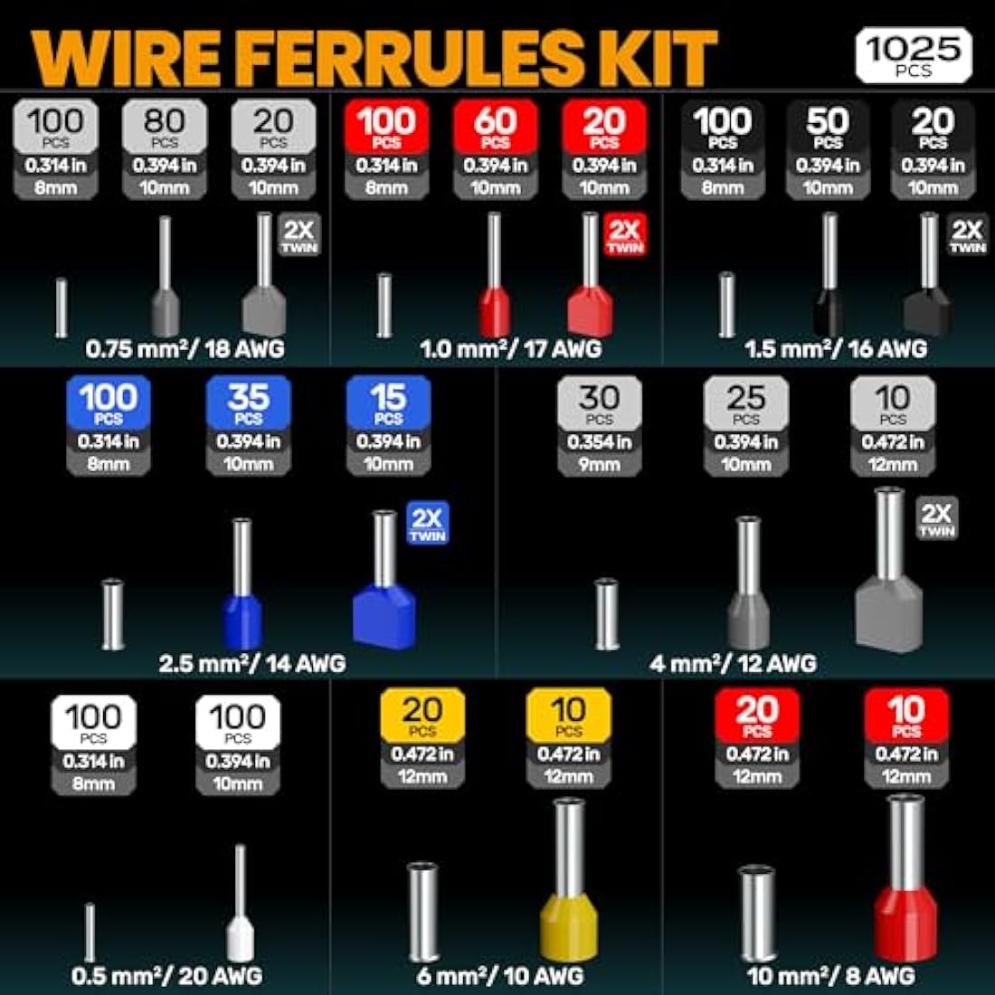 SOMELINE Crimping Tools Set with 21 Types of Ferrules - Hexagonal Ferrule Pliers 0.25-10mm²(AWG 24-8) I Electricians Tools, Crimper, Crimping Pliers, Wire Crimping Tool, Crimping Tool