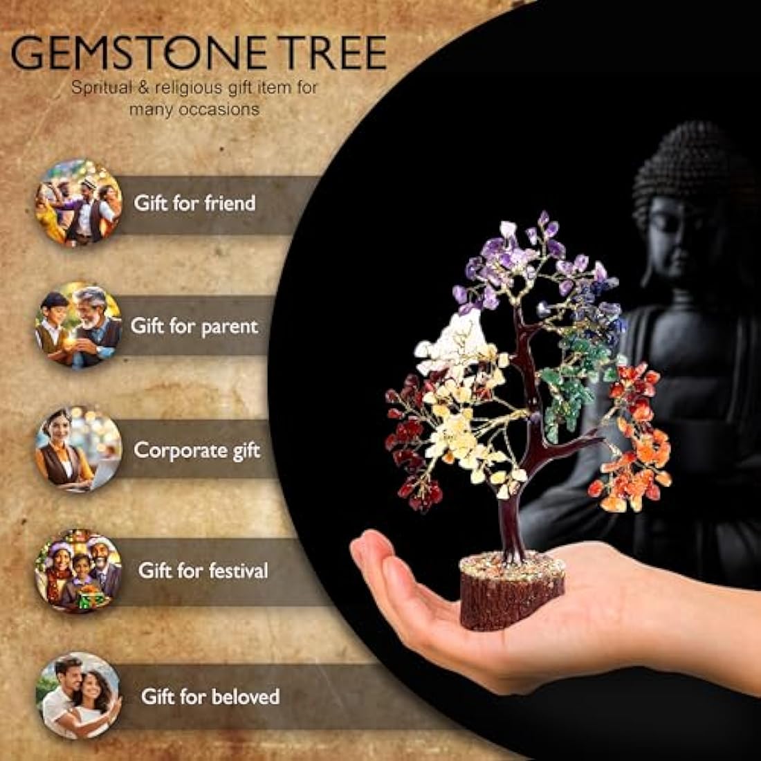 Wonder Care Seven Chakra Natural Healing Reiki Crystal Bonsai Lucky Money Tree for Happiness, Wealth and Prosperity Feng Shui Home Office Decor Spiritual Gift