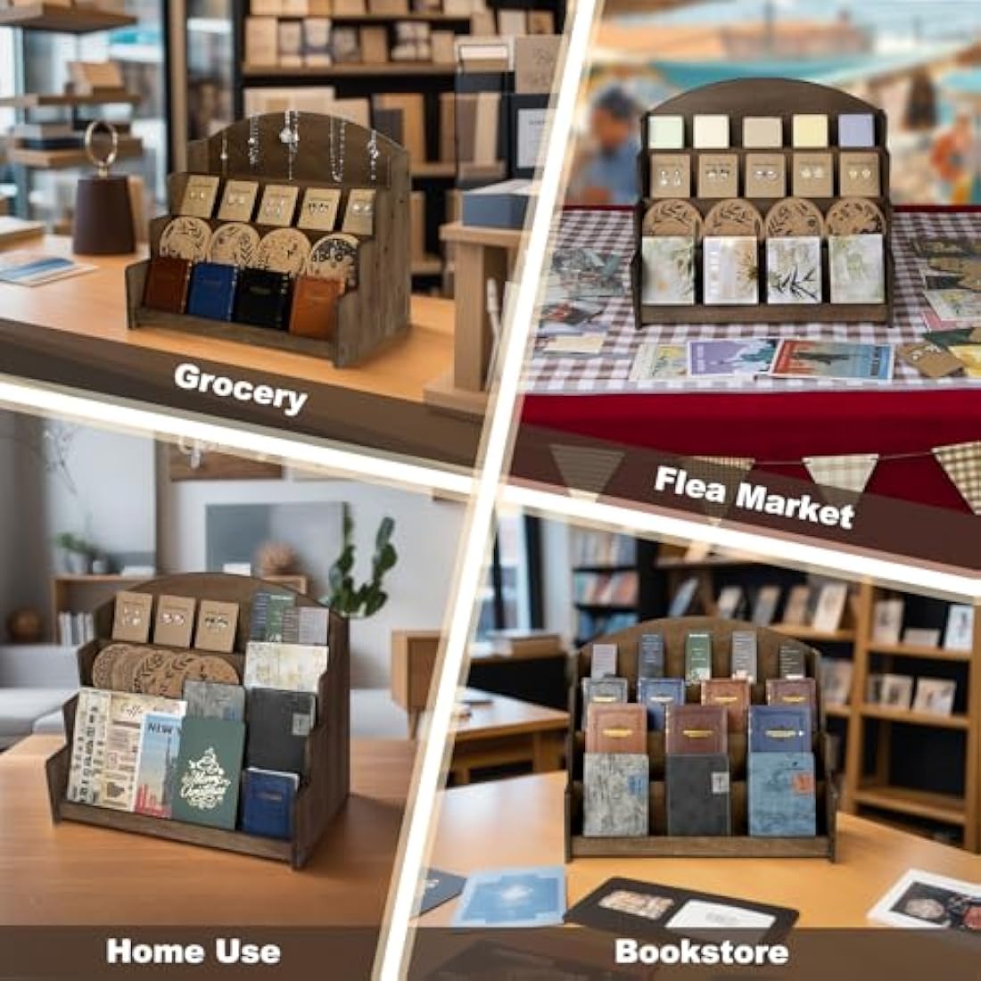 PUERSI Greeting Card Display Stand Holder Rack Organizer, for Postcard Sticker Vendors Retail, 4 Tier Wooden Card Display Stand, Brown