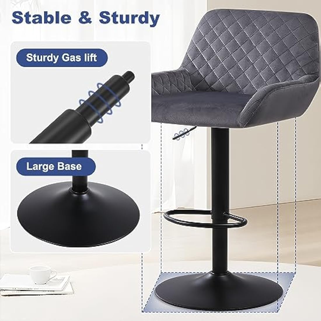 ralex-chair Bar Stools Set of 2, Height Adjustable Velvet Fabric Swivel Barstool Bar Chairs, Breakfast Dining Stools With Backrest and Armrest for Bar, Counter and Kitchen, Grey