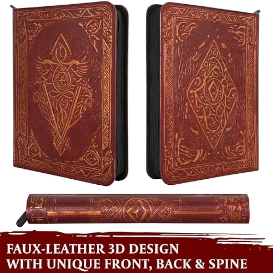Trading Card Binder - 9 Pocket Album w Zipper - 360 Side Loading Folder for TCG - 3D PU Leather - For MTG, Disney Lorcana Trading Card Game, Magic The Gathering, Pokemon - Book Accessories Gift (Red)