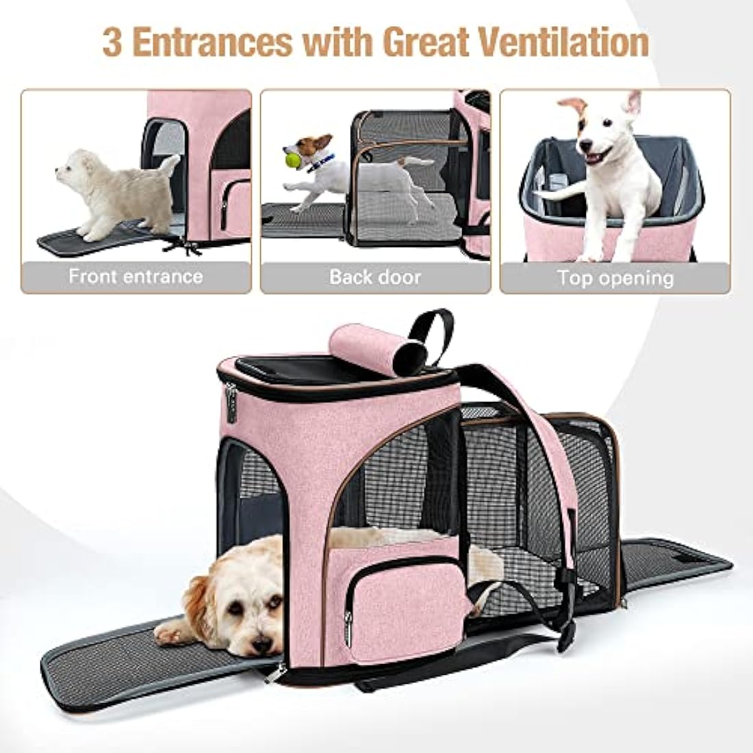 Lekesky Expandable Cat Carrier Backpack - Portable Breathable Rucksack for Medium and Small Cats & Dogs, Foldable with Inner Escape-proof Leash and Pet Mat, Supports 20 lbs (Pink)