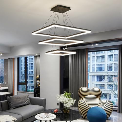 Modern LED Chandelier, 3 Ring Square LED Pendant Ceiling Light, Dimmable Foyer Chandelier Lighting Fixture, Adjustable Height Over Table Hanging Light for Living Room, Dining Room,Entryway