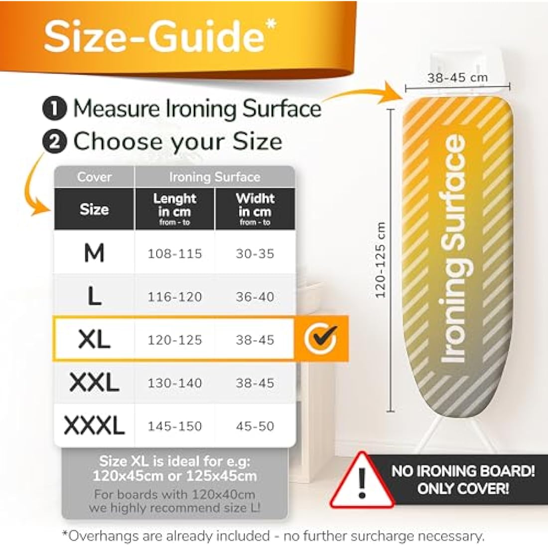 Super Soft 5 Layer Turbo Ironing Board Covers 125 x 45 cm - 50% faster with High Speed Steam Reflection, Made in EU, 100% Cotton Top, 122 x 38, 5 sizes, XL for Dimensions 120-125 x 40-45 cm