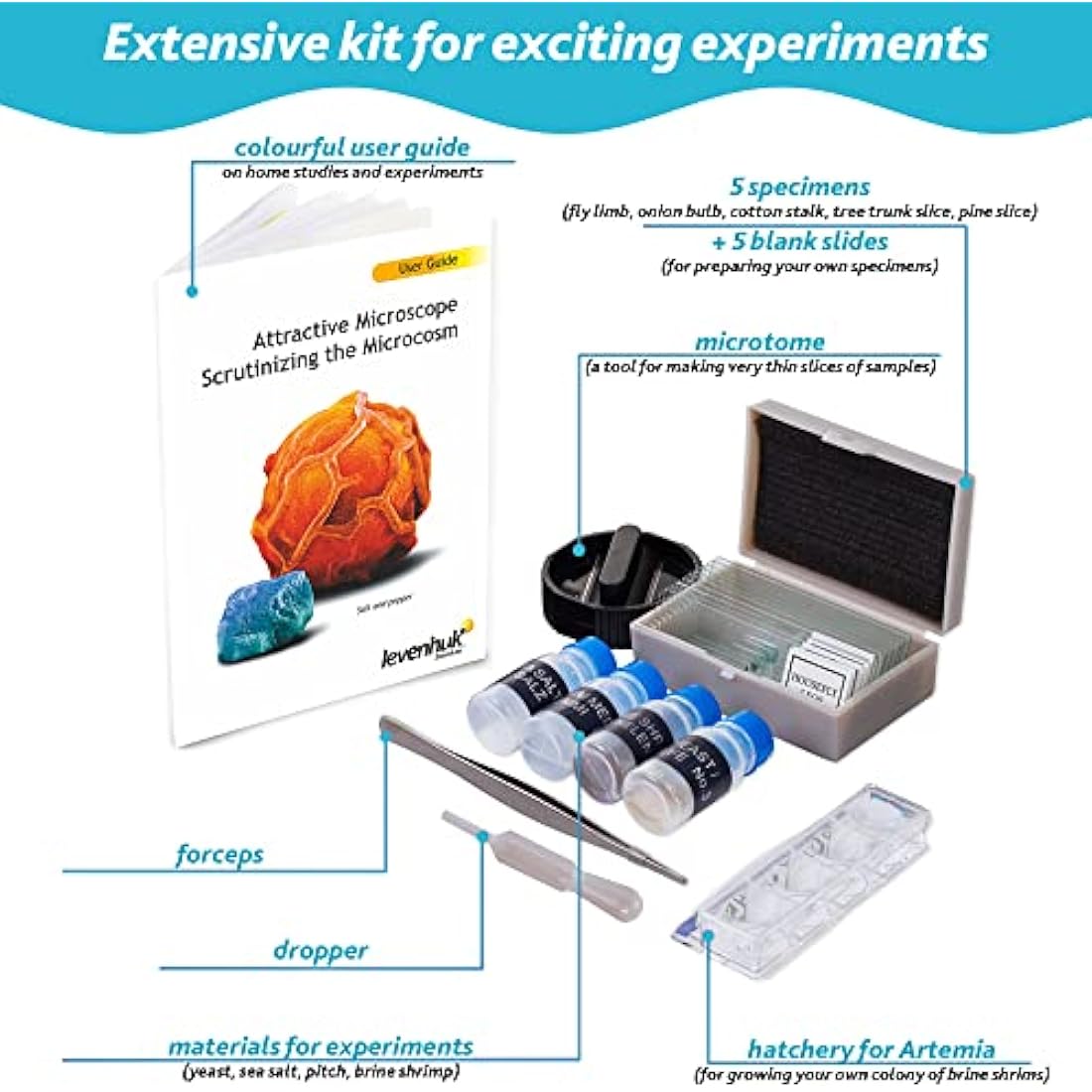 Levenhuk LabZZ M101 Azure 640x Portable Microscope Science Kit for Children with LED Light, Kids Beginner Educational STEM Toys Set, Prepared Sample Slides, and Illustarted Experiment Guide (EN)