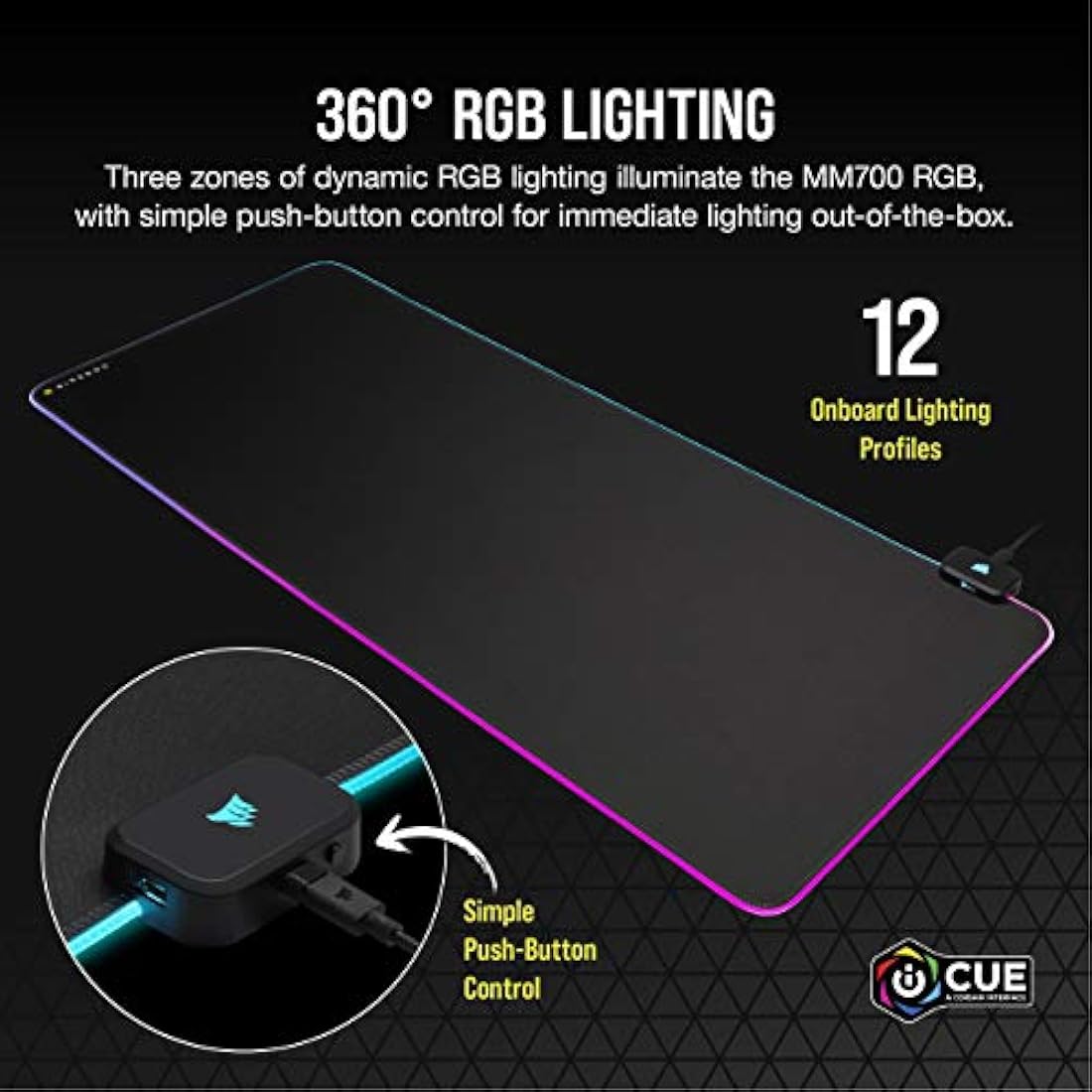 Corsair MM700 RGB Extended Cloth Gaming Mouse Pad - 930mm x 400mm - 360° RGB Lighting - Two USB Port Hub - Thick Rubber - Black