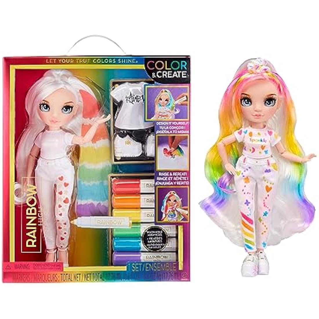 Rainbow High Colour & Create Fashion DIY Doll - Blue Eyes, Straight Hair, Bonus Top & Shoes, and Washable Rainbow Markers - Colour, Create, Play, Rinse, Repeat - For Kids 4-12 Years Old & Collectors