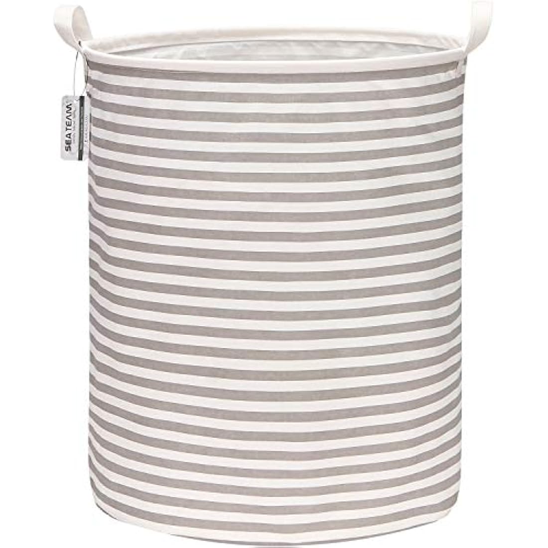 Sea Team 19.7 Inch Large Sized Waterproof Coating Ramie Cotton Fabric Folding Laundry Hamper Bucket Cylindric Burlap Canvas Storage Basket with Stylish Grey Stripe Design