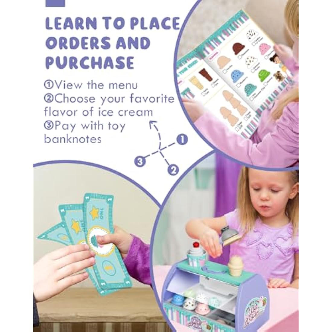 Lehoo Castle Ice Cream Toys for Kids, Ice Cream Toy for Girls and Boys Age 3+, Toy Ice Cream Set, Ice Cream Shop Role Play Kids Toy Food Gift for 3 Year Old Boy or Girl, XG3-1, Purple