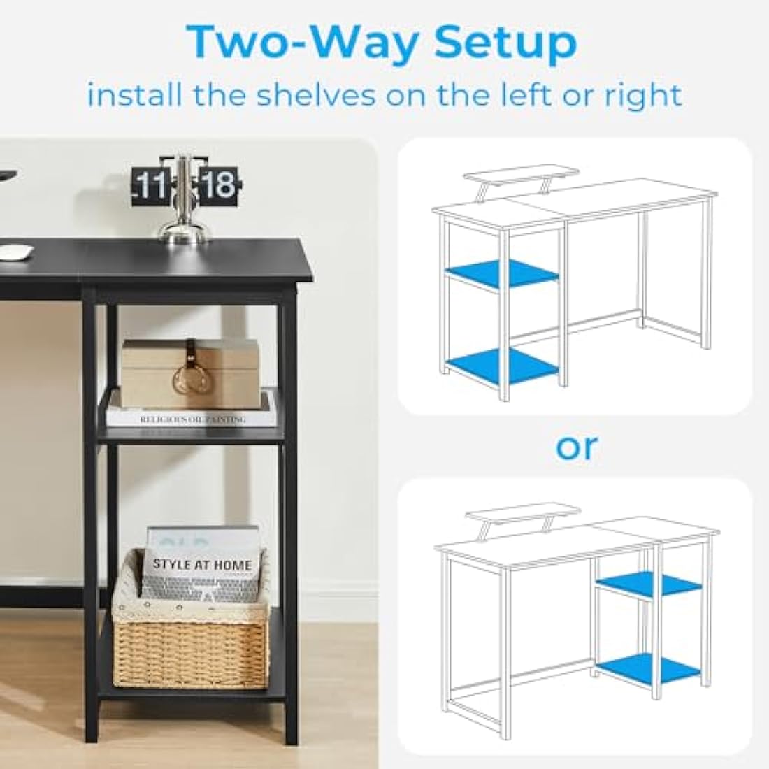 GreenForest Computer Desk with Monitor Stand,100cm Home Office Desk with Reversible Storage Shelves,Study Desk for Small Spaces,Black