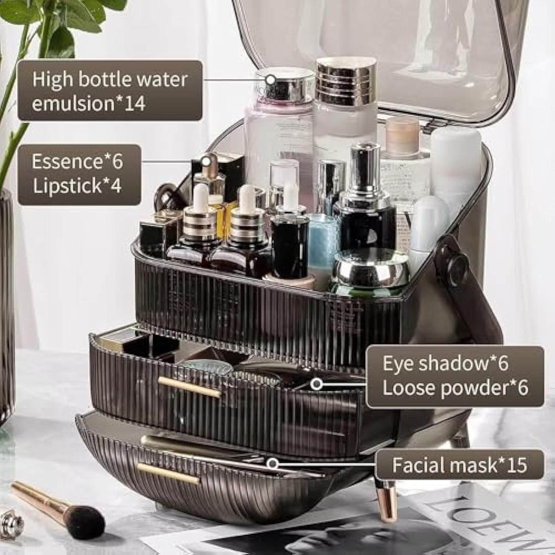 SIOOUI Makeup Organizer, 3 Layers Large Capacity Cosmetic Storage, Cosmetic Display Case with 2 Storage Drawers, Cosmetic Organizer for Bathroom Counter, Vanity Countertop, Bedroom, Desk (Clear Gray)