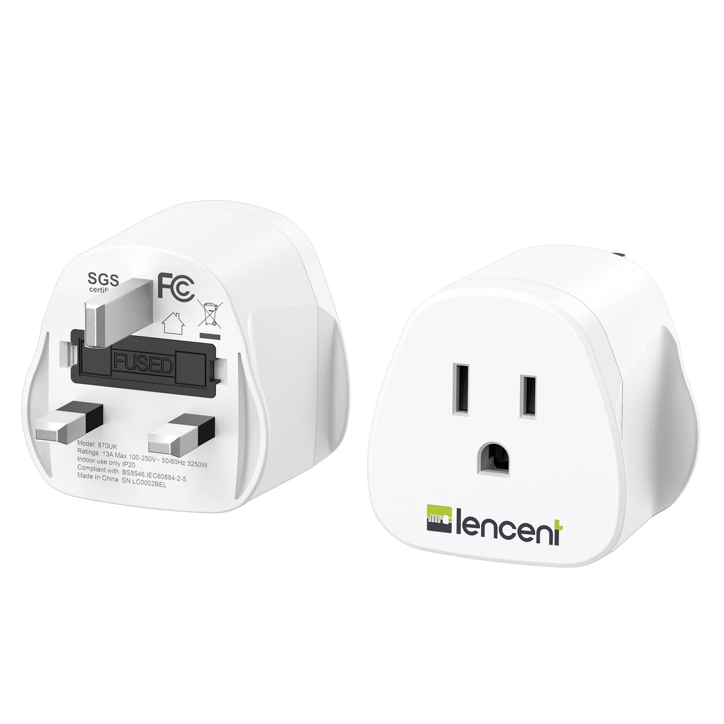 LENCENT 2X US to UK Plug Adapter, America 2/3 Pin to 3 Pin UK Travel Adaptor, the United States/Mexico/Canada to British Plug Adapter with 13A Fuse-