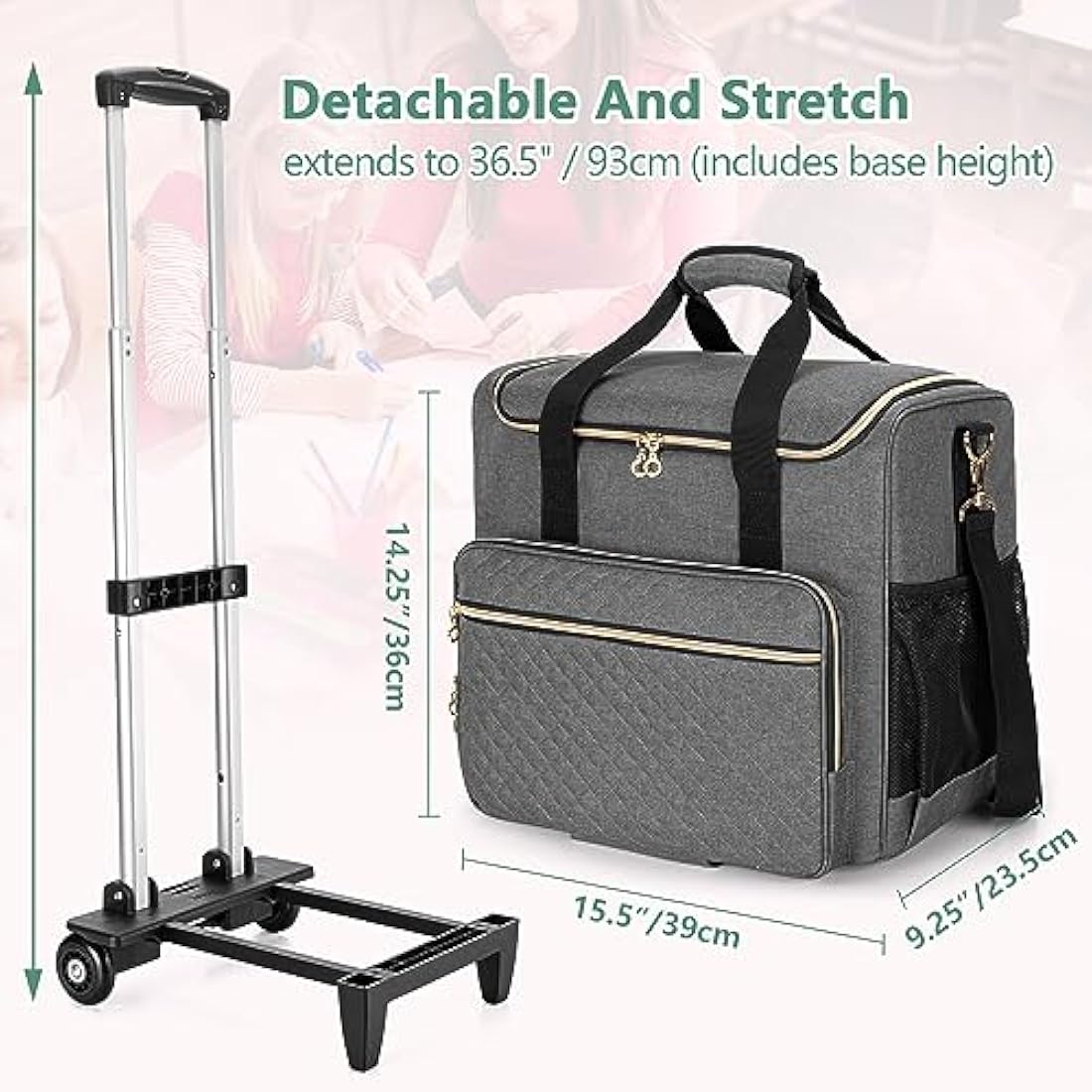 Luxja Rolling Teacher Bag with Laptop Compartment and Detachable Dolly, Multifunctional Rolling Teacher Tote Bag (Bag Only), Grey