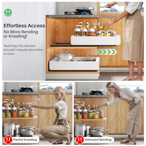 Kitstorack Pull Out Cabinet Organizer, Extendable Slide Out Drawer Storage Shelves for Kitchen Cupboard with Adhesive Film, Roll-Out Sliding Drawer