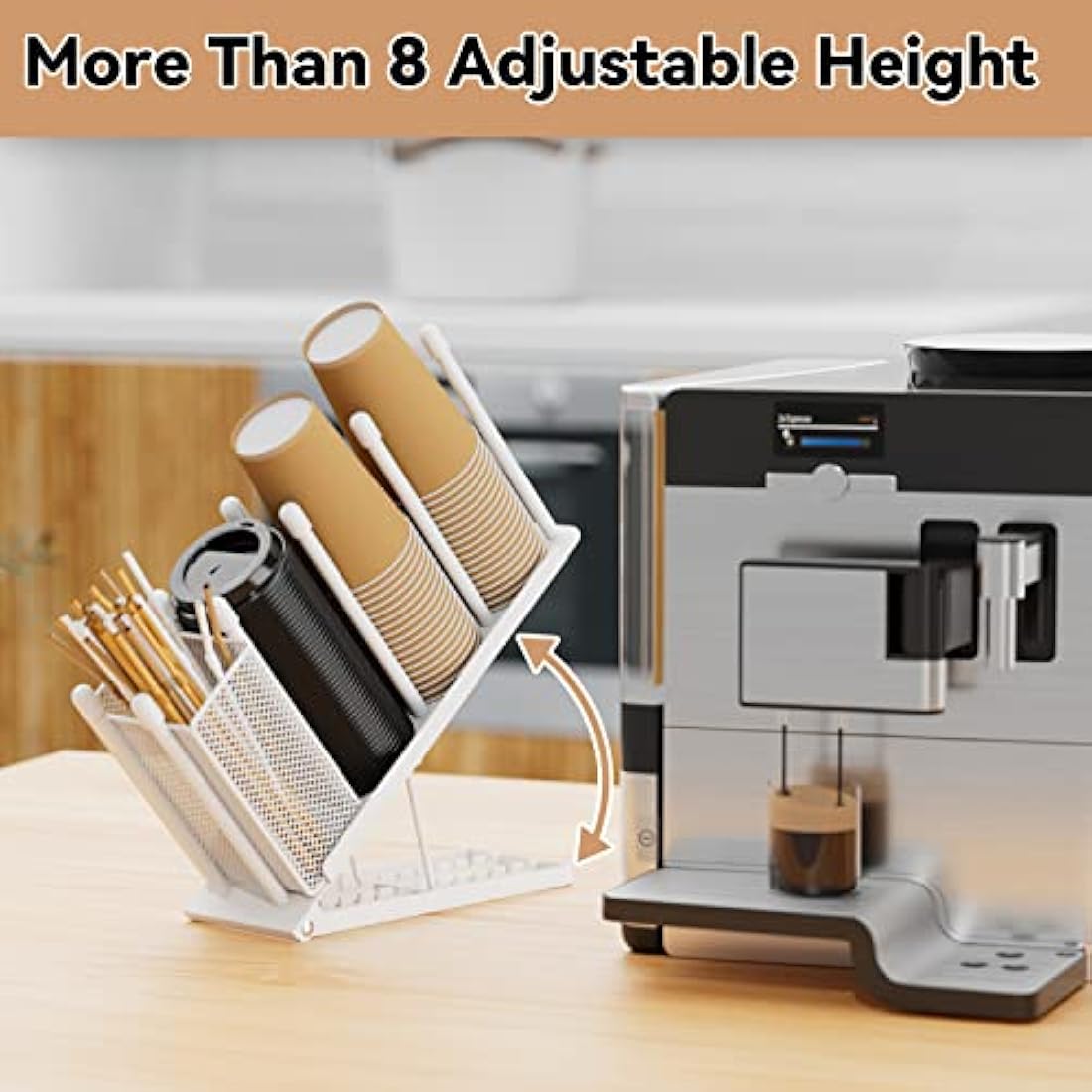 Ovicar Cup and Lid Holder - Adjustable 4 Compartment Disposable Cup Dispenser with Coffee Pod Straw Storage Basket for Bar Countertop Breakroom Metal White