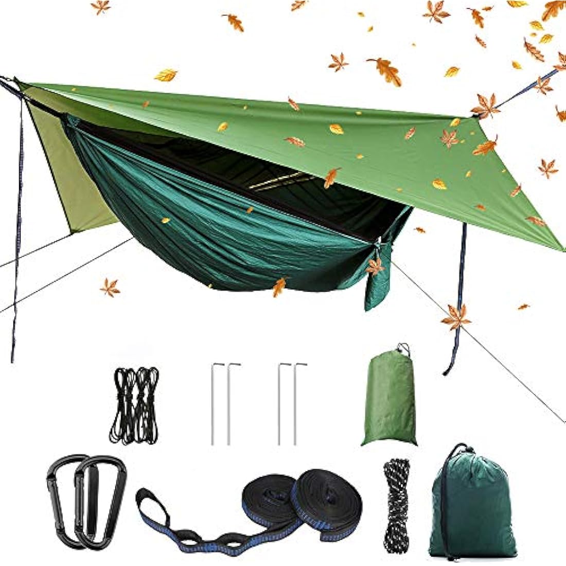 YCD Hammock, Portable Camping Hammock Set, Single/Double, Mosquito Net, Rain Shade Tent, 210T Parachute Nylon, 440 lbs, Dark Green