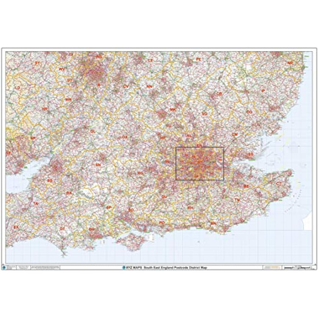South East England Postcode District Wall Map (D2) - 47" x 33.25" Laminated