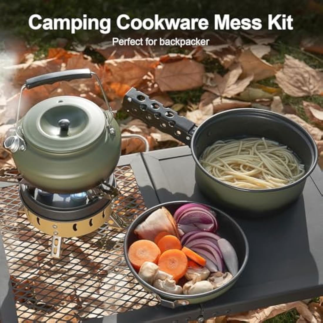 Odoland 5pcs Camping Cookware Mess Kit, Non-Stick Lightweight Pot Pan Kettle Set with a removable handle - Perfect for Backpacking, Camping, Hiking, and Picnic