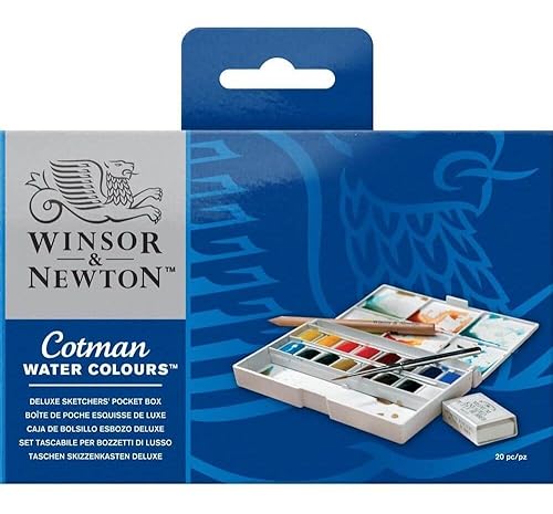 Winsor & Newton, Cotman Watercolour, ‘Complete Pocket Set’, 16 x Half Pans + 1 x Travel Brush PLUS 1 x Kneaded Eraser + 1 x Pencil