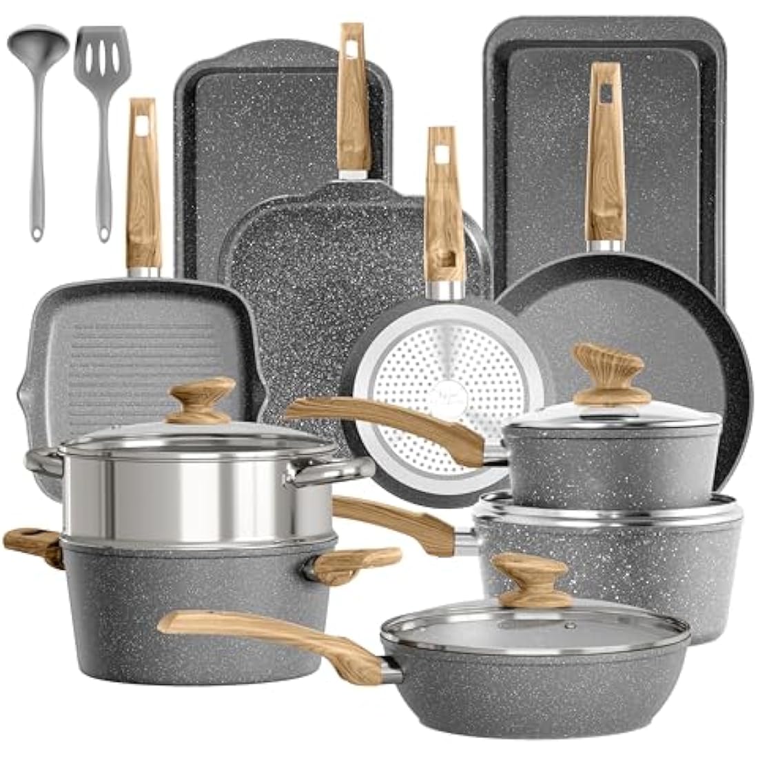 Kitchen Academy 17 Piece Non-Stick Pots and Pans Set, Induction Pan Set, Granite Non-Stick Saucepan Set, Grey